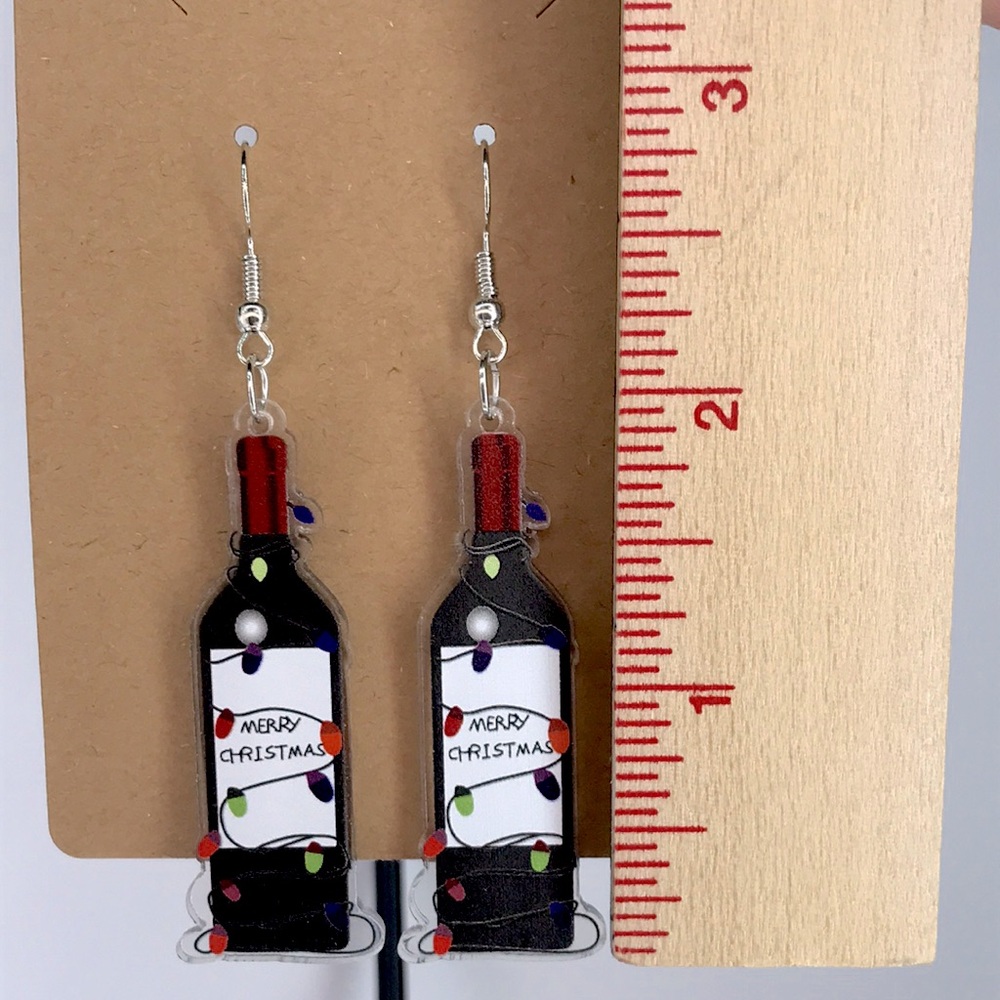 Red Wine Bottle Acrylic Dangle Christmas Earrings Fashion Jewelry - Picture 2 of 3